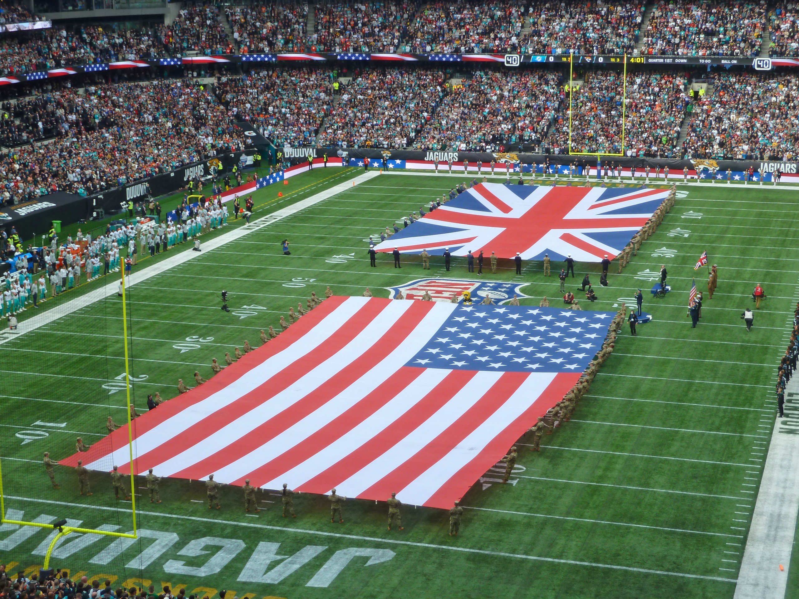 An archival NFL setup at Tottenham Hotspur Stadium before Dolphins–Jaguars in 2021.