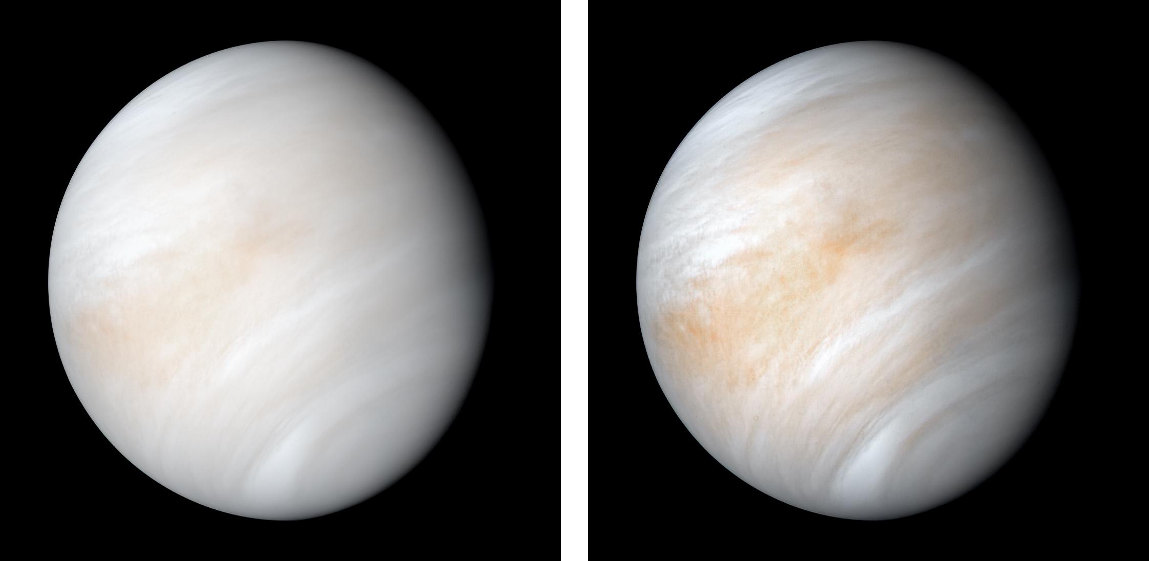 Two spacecraft views of Venus against black space, with pale cream clouds on the left and more strongly defined cloud bands in the contrast-enhanced version on the right.