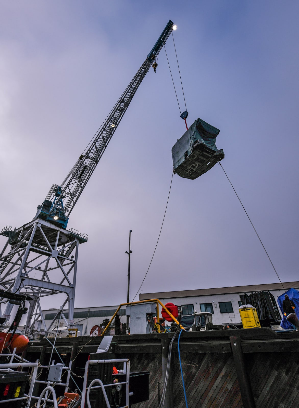 Deep Discoverer being loaded onto the back deck of NOAA Ship Okeanos Explorer.