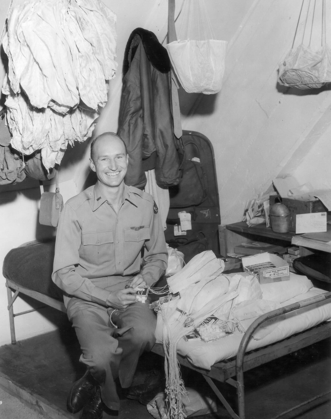 Gail Halvorsen preparing candy parachutes during the Berlin Airlift era, 1948–1949.