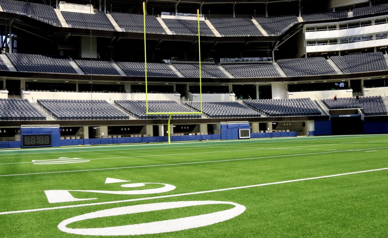 SoFi Stadium field and yard lines photographed in 2021.